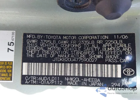 2007 Toyota Prius from USA, damaged, VIN JTDKB20U477590027